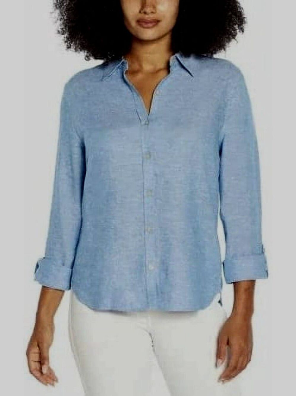 ORVIS Linen Blend Classic Roll Tab Button Sleeve Shirt Womens M Blue Coastal EUC